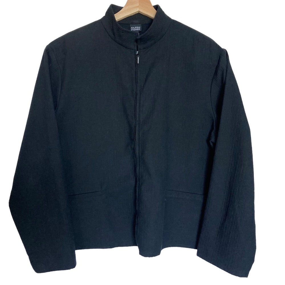 Eileen Fisher Crepe Zip Up Mock Neck Collar Lightweight Jacket Black Large